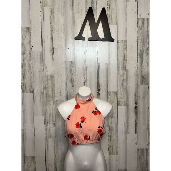 ZARA Pink Floral Linen Blend Backless Halter Crop Top Size Medium - Picture 1 of 6